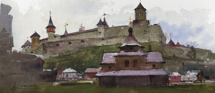 Malerei mit dem Titel "Castle in Kamianets" von Andrii Kovalyk, Original-Kunstwerk, Aquarell