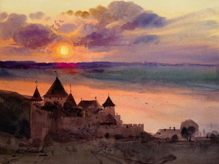 Schilderij getiteld "Sunset over the anc…" door Andrii Kovalyk, Origineel Kunstwerk, Aquarel