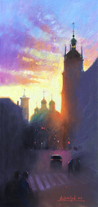 Dessin intitulée "City scene Sunset L…" par Andrii Kovalyk, Œuvre d'art originale, Pastel
