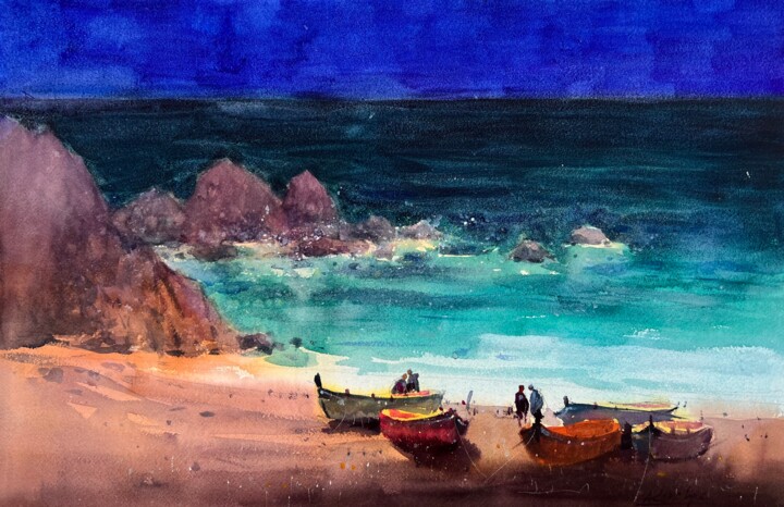 Painting titled "From evening fishing" by Andrii Kovalyk, Original Artwork, Watercolor