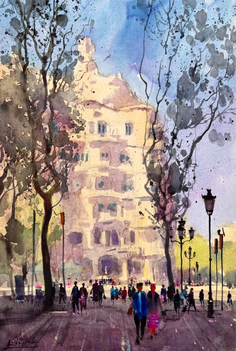 Painting titled "A walk through Barc…" by Andrii Kovalyk, Original Artwork, Watercolor
