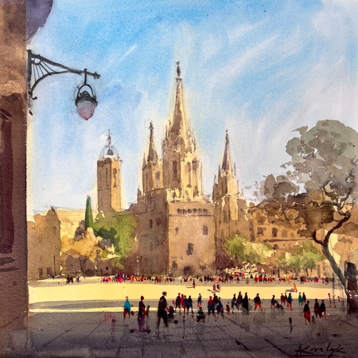 Painting titled "View of the square…" by Andrii Kovalyk, Original Artwork, Watercolor
