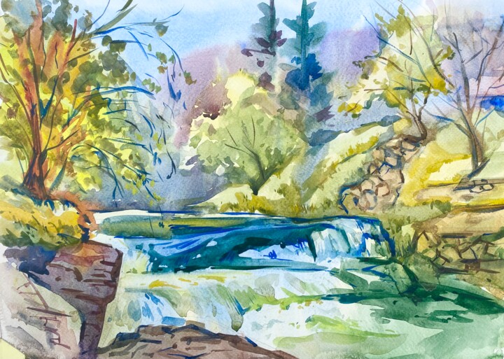 Painting titled "Waterfall" by Andrii Voroniuk, Original Artwork, Watercolor