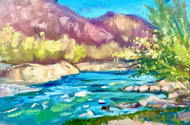 Painting titled "River in mountings" by Andrii Voroniuk, Original Artwork, Oil Mounted on Other rigid panel