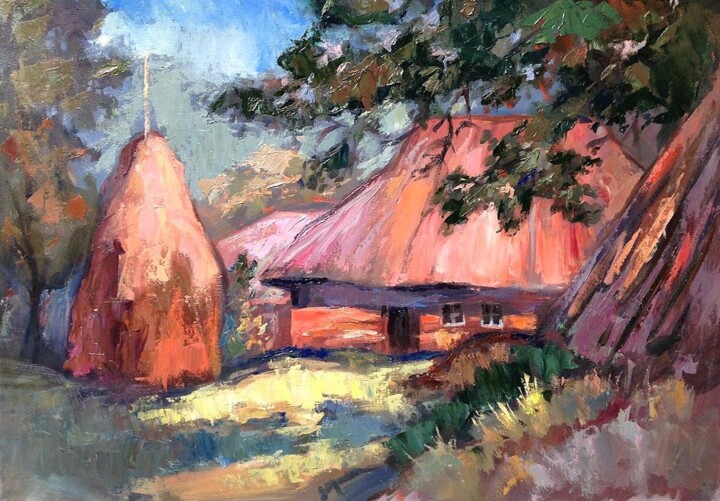 Pittura intitolato "House in village" da Andrii Voroniuk, Opera d'arte originale, Olio Montato su Altro pannello rigido