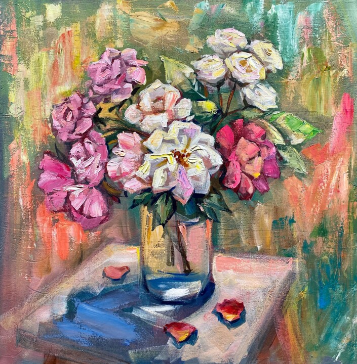 Painting titled "Roses" by Andrii Voroniuk, Original Artwork, Oil Mounted on Wood Stretcher frame