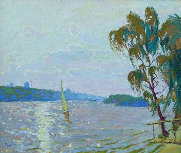 Painting titled "By the Dnipro river" by Andriy Chebotaru, Original Artwork, Oil