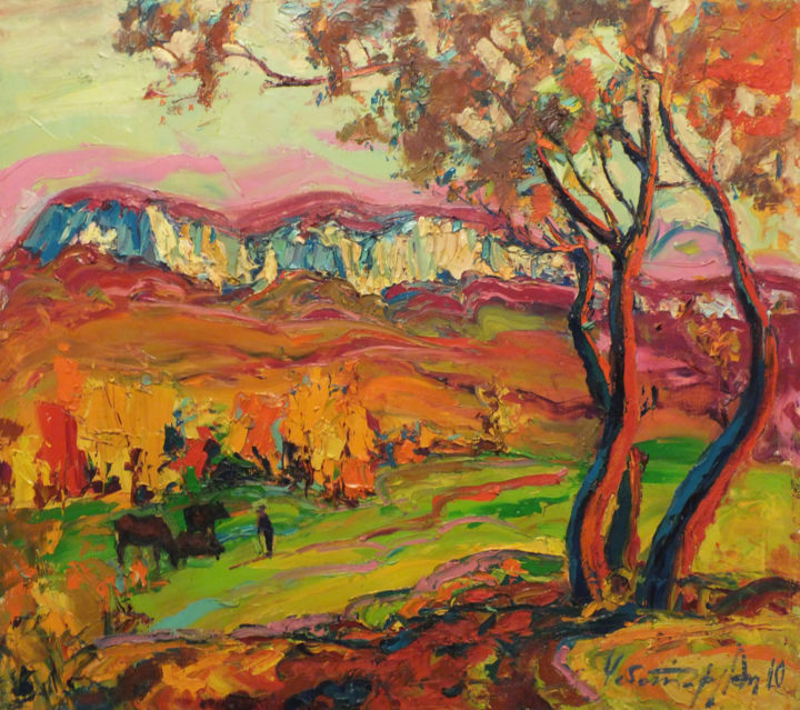 Painting titled "Mountains" by Andriy Chebotaru, Original Artwork, Oil