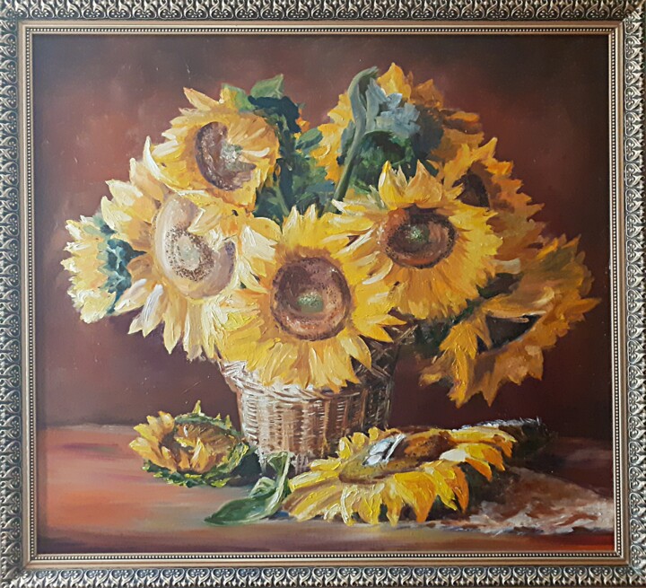 Painting titled "Sunflowers on your…" by Andriy Maslyanko, Original Artwork, Oil Mounted on Wood Stretcher frame