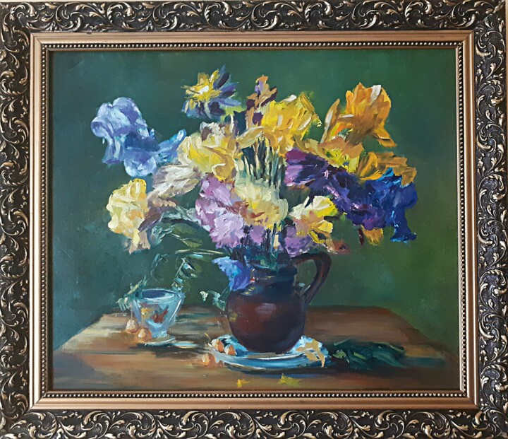 Painting titled "Summer in flowers" by Andriy Maslyanko, Original Artwork, Oil Mounted on Wood Stretcher frame
