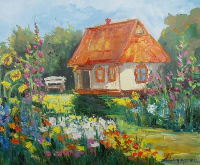 Painting titled "Village House" by Andriy Spyrydenko, Original Artwork