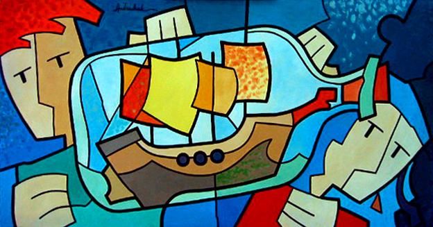 Pintura intitulada "Barco na garrafa" por Andruchak, Obras de arte originais