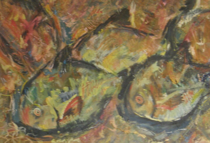 Painting titled "pięć ryb" by Andrzej Lawrenc (Eryk Maler), Original Artwork, Oil