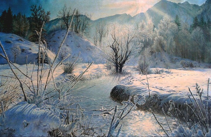Pittura intitolato "zima - wschód słońc…" da Andrzej Lawrenc (Eryk Maler), Opera d'arte originale, Olio