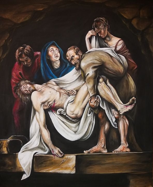 Painting titled "ZŁOŻENIE DO GROBU" by Andrzej Myśliwiec, Original Artwork, Oil