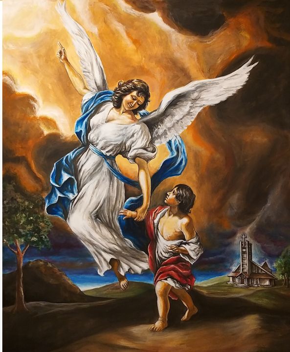 Malarstwo zatytułowany „Anioł Stróż” autorstwa Andrzej Myśliwiec, Oryginalna praca, Olej