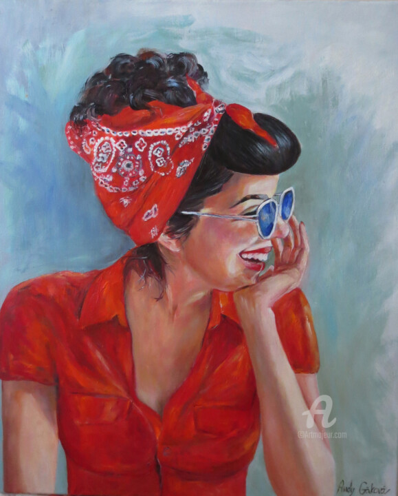 Painting titled "Girl with the red s…" by Andy Gakova, Original Artwork, Oil