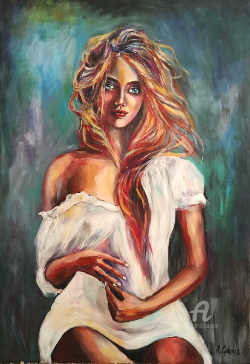 Painting titled "Girl in white" by Andy Gakova, Original Artwork, Acrylic