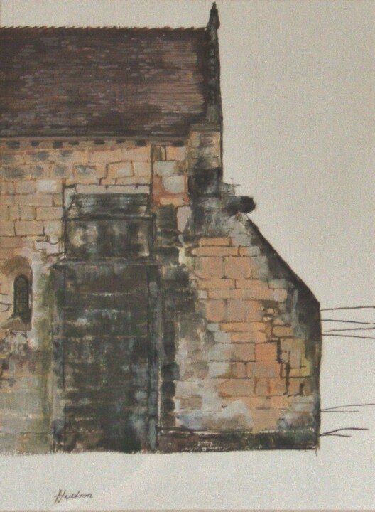 Malerei mit dem Titel "L'église à St-Pardo…" von Andy Hudson, Original-Kunstwerk, Gouache