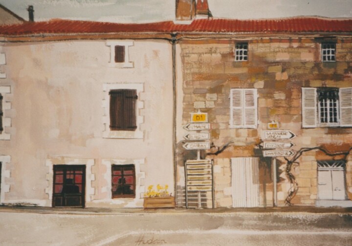 Malerei mit dem Titel "Old houses" von Andy Hudson, Original-Kunstwerk, Gouache Auf Holzplatte montiert