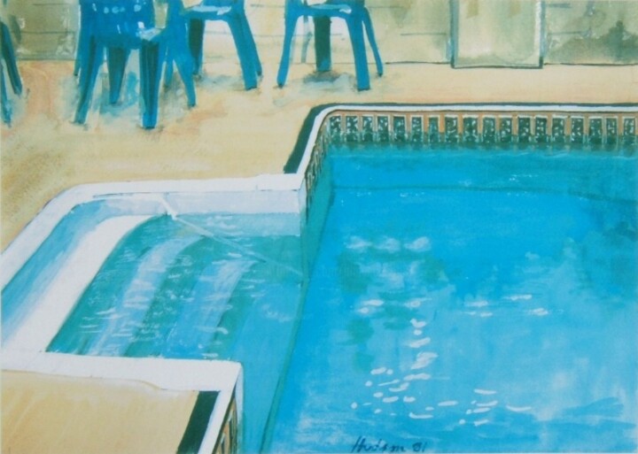 Painting titled "La piscine" by Andy Hudson, Original Artwork, Gouache