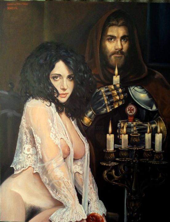Painting titled "Night(Knight) guest" by Andrew Khalturin (HAnder), Original Artwork, Oil