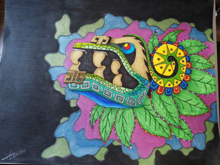 Dessin intitulée "Quetzalcoatl" par Andy Castaño, Œuvre d'art originale, Marqueur