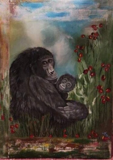 Painting titled "Fauna 1. Gorily" by Aneta Horská (Ann), Original Artwork, Oil Mounted on Wood Panel