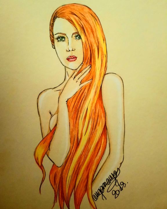 Dessin intitulée "Rousse chevelure" par Angamaya, Œuvre d'art originale