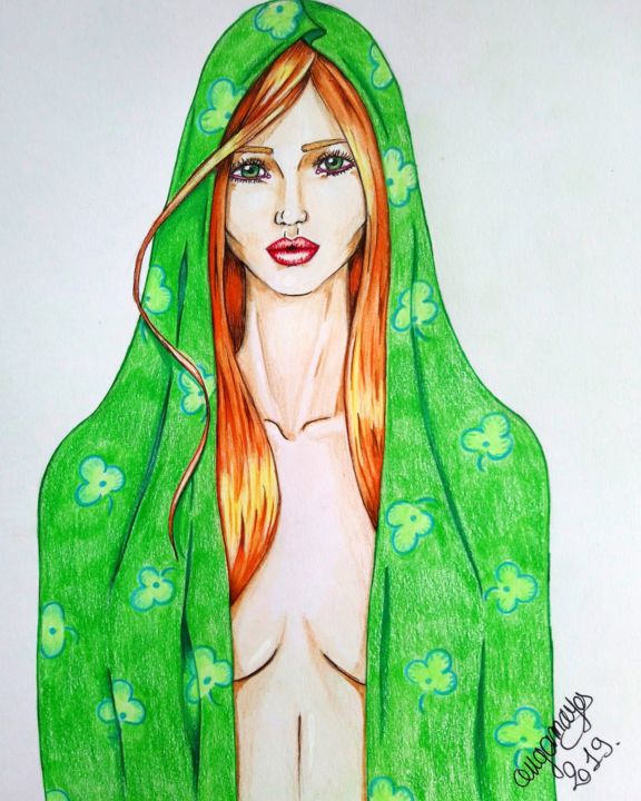 Drawing titled "Châle vert" by Angamaya, Original Artwork