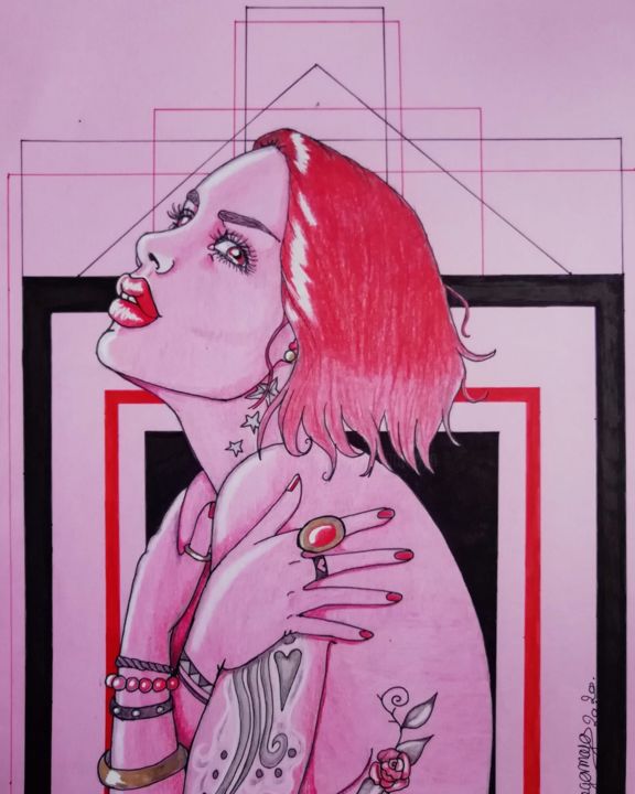 Rysunek zatytułowany „Rose et rouge” autorstwa Angamaya, Oryginalna praca, Ołówek