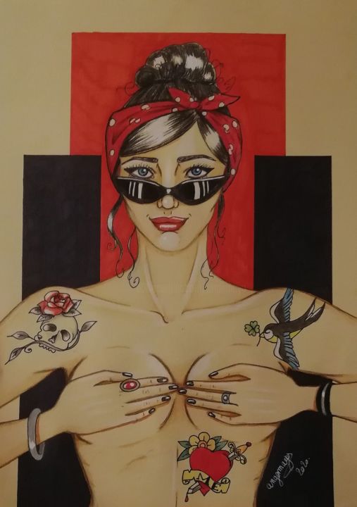 Drawing titled "Pin-up tattoo." by Angamaya, Original Artwork, Pencil