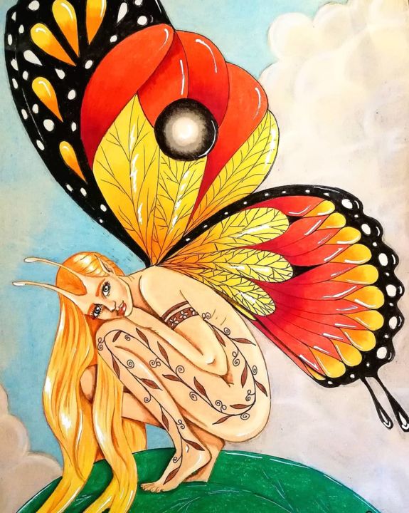 Dibujo titulada "Fée-papillon." por Angamaya, Obra de arte original, Lápiz