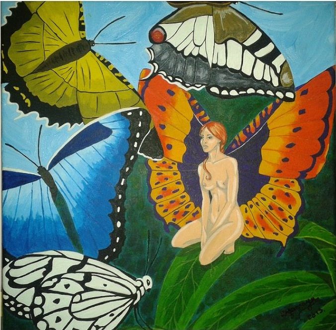 Malarstwo zatytułowany „Papillons” autorstwa Angamaya, Oryginalna praca, Akryl Zamontowany na Drewniana rama noszy