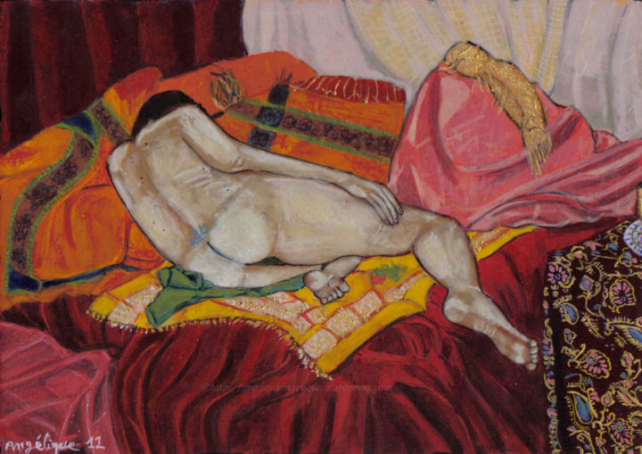 Peinture intitulée "Odalisque de dos" par Angélique Bègue, Œuvre d'art originale, Tempera