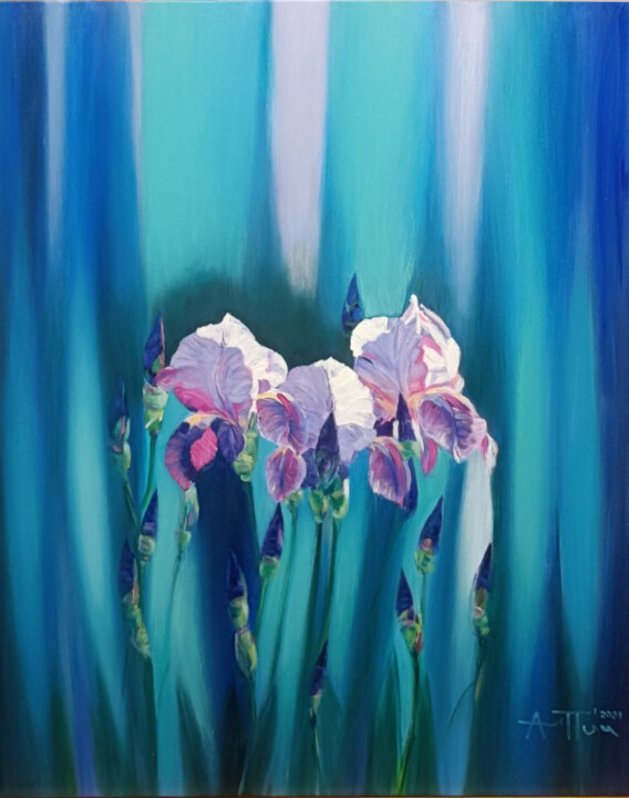 Painting titled "Irises 9" by Angel Patchamanov, Original Artwork, Oil Mounted on Wood Stretcher frame