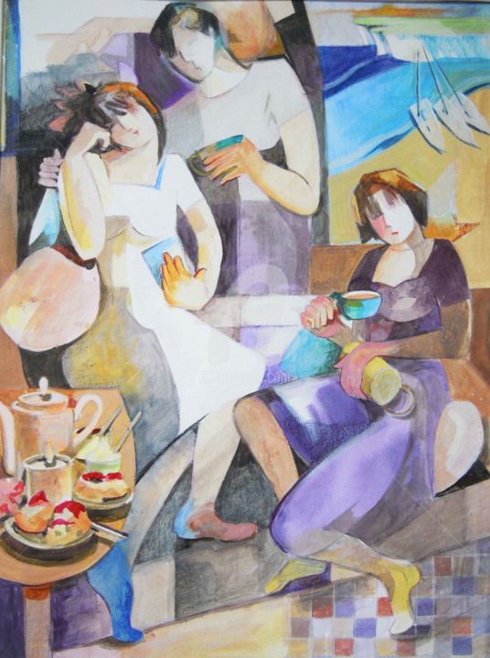 Painting titled "Time for tea" by Angela Brittain, Original Artwork, Watercolor Mounted on Cardboard