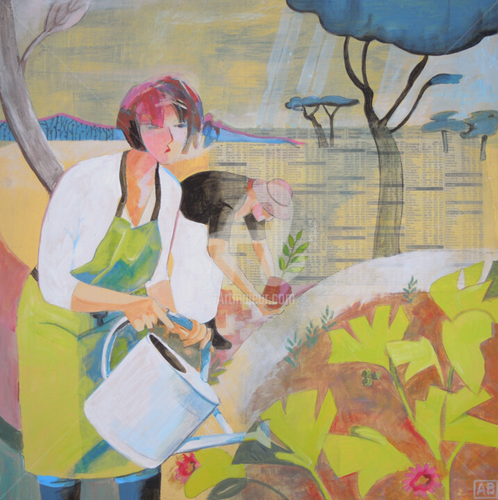 Painting titled "Work Love Garden" by Angela Brittain, Original Artwork, Acrylic Mounted on Wood Panel