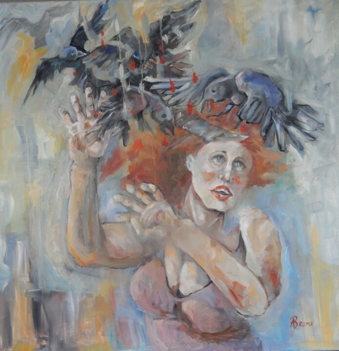Malerei mit dem Titel "Agressive  Vögel" von Angela Bruma, Original-Kunstwerk, Öl