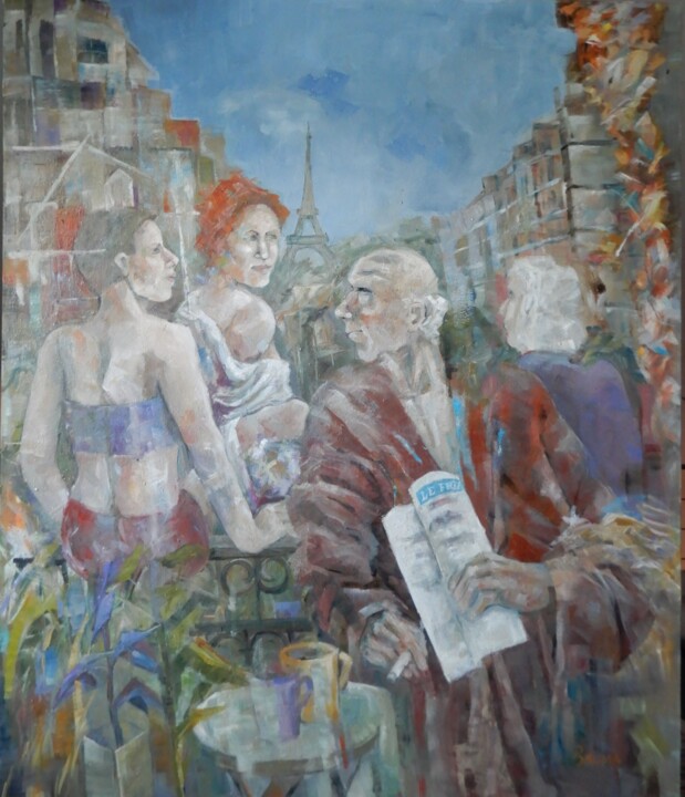 Painting titled "Urlaubsflirt" by Angela Bruma, Original Artwork, Oil Mounted on Wood Stretcher frame