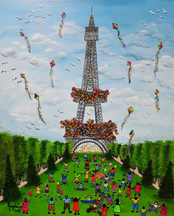 Painting titled "Festival de Pipa em…" by Angela Gomes, Original Artwork, Acrylic Mounted on Wood Stretcher frame
