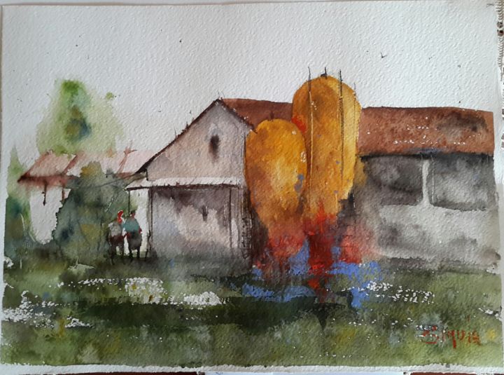 Pittura intitolato "La fattoria" da Angela, Opera d'arte originale, Acquarello