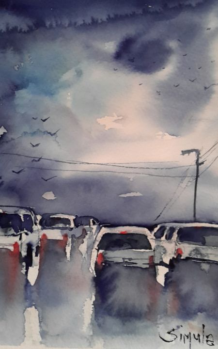 Painting titled "Night" by Angela, Original Artwork, Watercolor