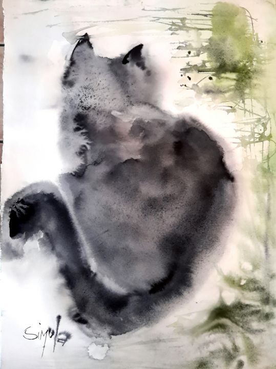 Painting titled "Il gatto nero" by Angela, Original Artwork, Watercolor