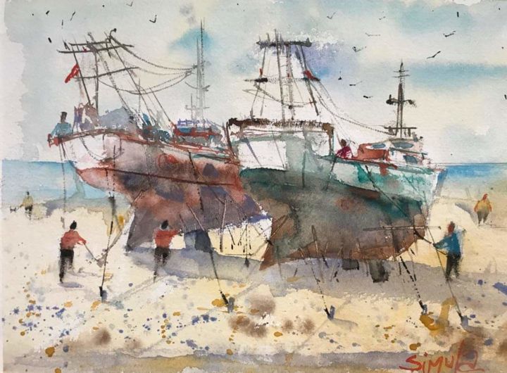 Peinture intitulée "Boats" par Angela, Œuvre d'art originale, Aquarelle