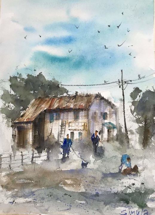 Peinture intitulée "Lavoro in cascina" par Angela, Œuvre d'art originale, Aquarelle