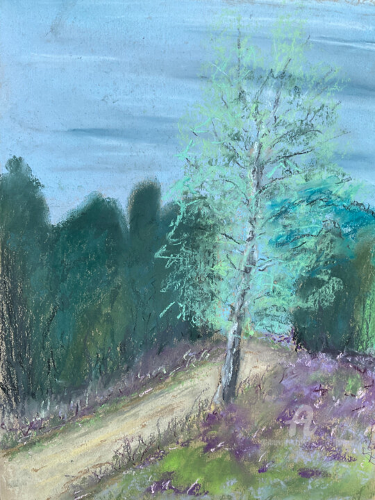 Malerei mit dem Titel "Heide-Landschaft III" von Angela Sommer, Original-Kunstwerk, Pastell