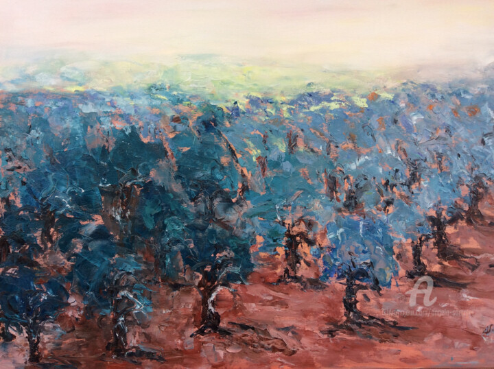 제목이 "Olivenbäume auf Cres"인 미술작품 Angela Sommer로, 원작, 기름 나무 들것 프레임에 장착됨