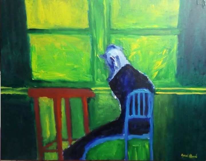 Peinture intitulée "La chasse bleu" par Angel Abregu, Œuvre d'art originale, Huile