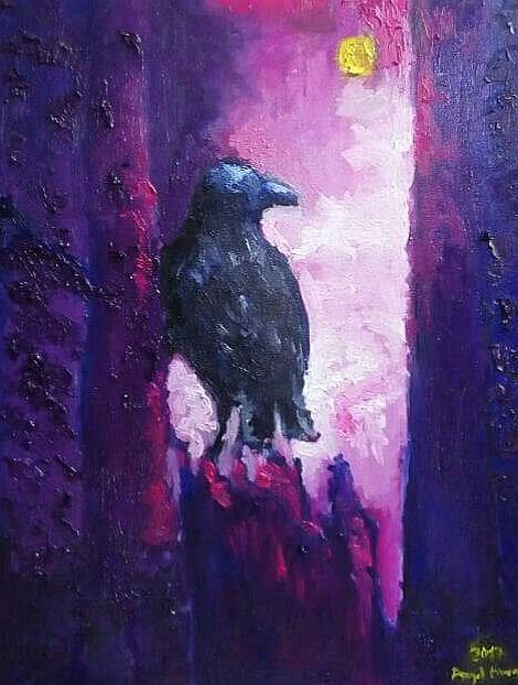 Painting titled "The Raven" by Angel Abregu, Original Artwork, Oil
